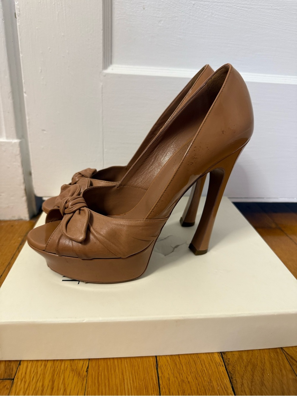 YSL Women's Tan Leather Platform Peep-Toe Pumps